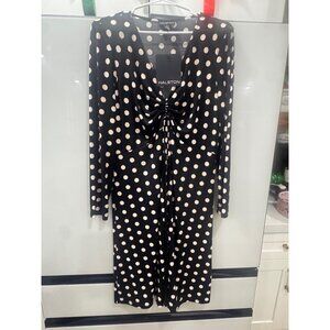 Halston XL Black & White Polka Dot Long-Sleeve Dress With Front Twist Detail